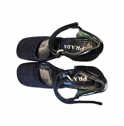 Vintage 1990s Textured Wool Block Heels Ankle -Strap Pumps - Prada