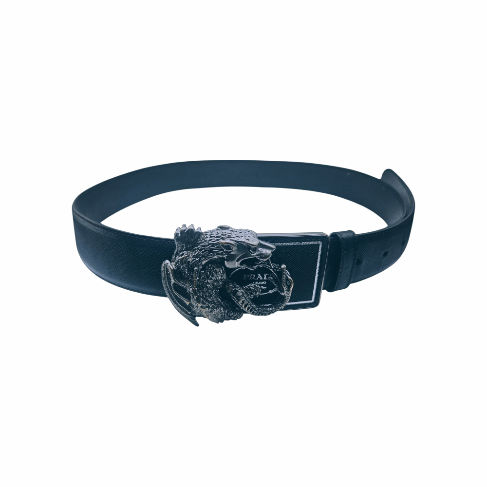 Vintage Black Saffiano Leather Dragon Buckle Belt - Prada