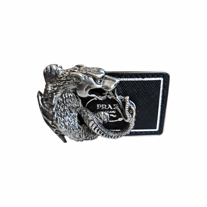 Vintage Black Saffiano Leather Dragon Buckle Belt - Prada
