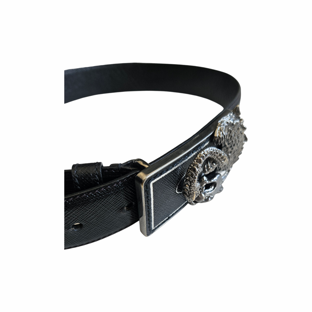 Vintage Black Saffiano Leather Dragon Buckle Belt - Prada