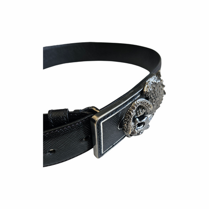 Vintage Black Saffiano Leather Dragon Buckle Belt - Prada