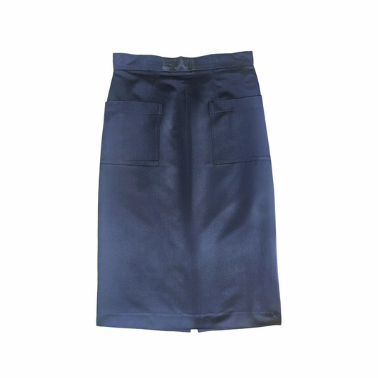 Vintage 1990s Prada Midnight Navy Silk Midi Skirt with Oversized Pockets - Re:Velvet