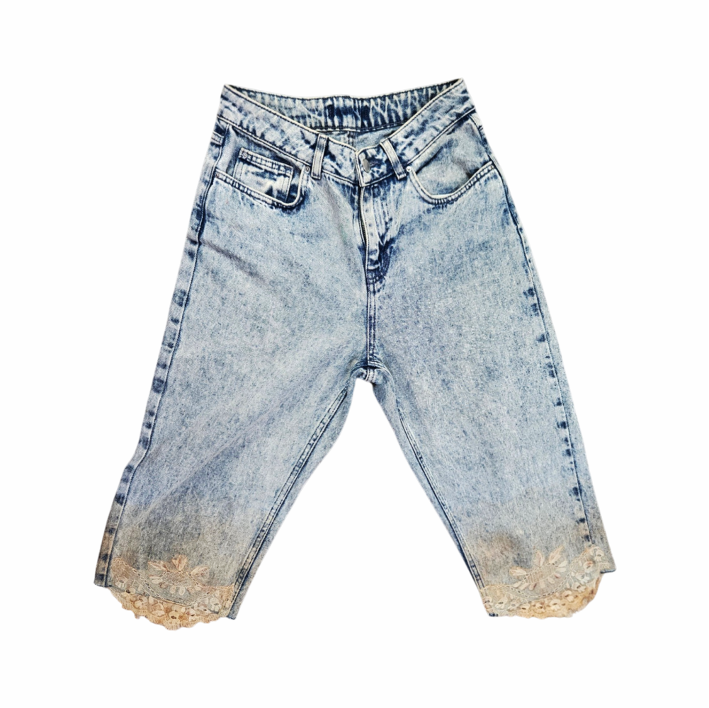 Upstyled Denim Co.Acid-Wash Denim Bermuda Shorts with Dyed Lace Hem