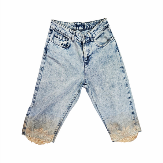 Upstyled Denim Co.Acid-Wash Denim Bermuda Shorts with Dyed Lace Hem