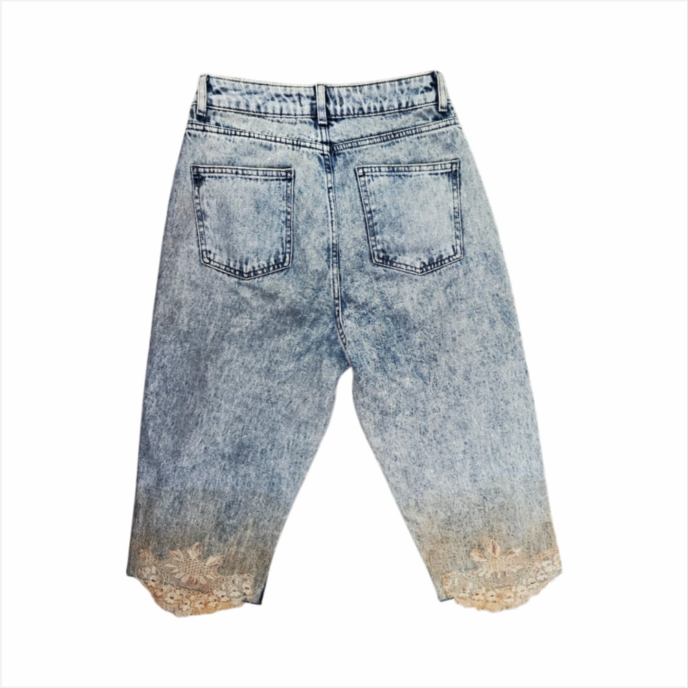 Upstyled Denim Co.Acid-Wash Denim Bermuda Shorts with Dyed Lace Hem