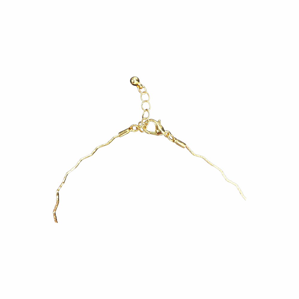 Gold-tone short necklace with an irregular mother-of-pearl disc pendant, textured chain and adjustable lobster-clasp fastening.