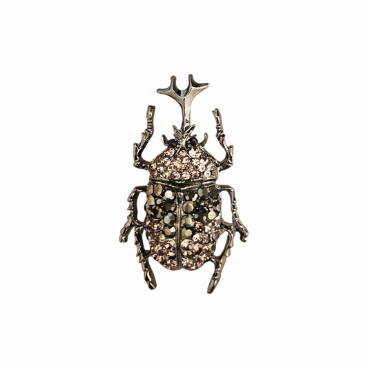 Crystal-Embellished Rhino Beetle Brooch in Hematite and Smoky Quartz Tones