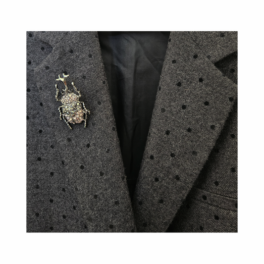Crystal-Embellished Rhino Beetle Brooch in Hematite and Smoky Quartz Tones