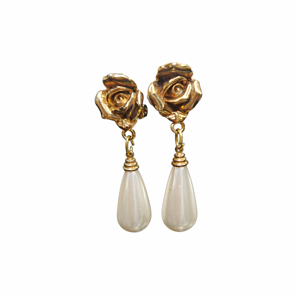 1980s Gold-Tone Rose and Faux Pearl Teardrop Clip-On Earrings