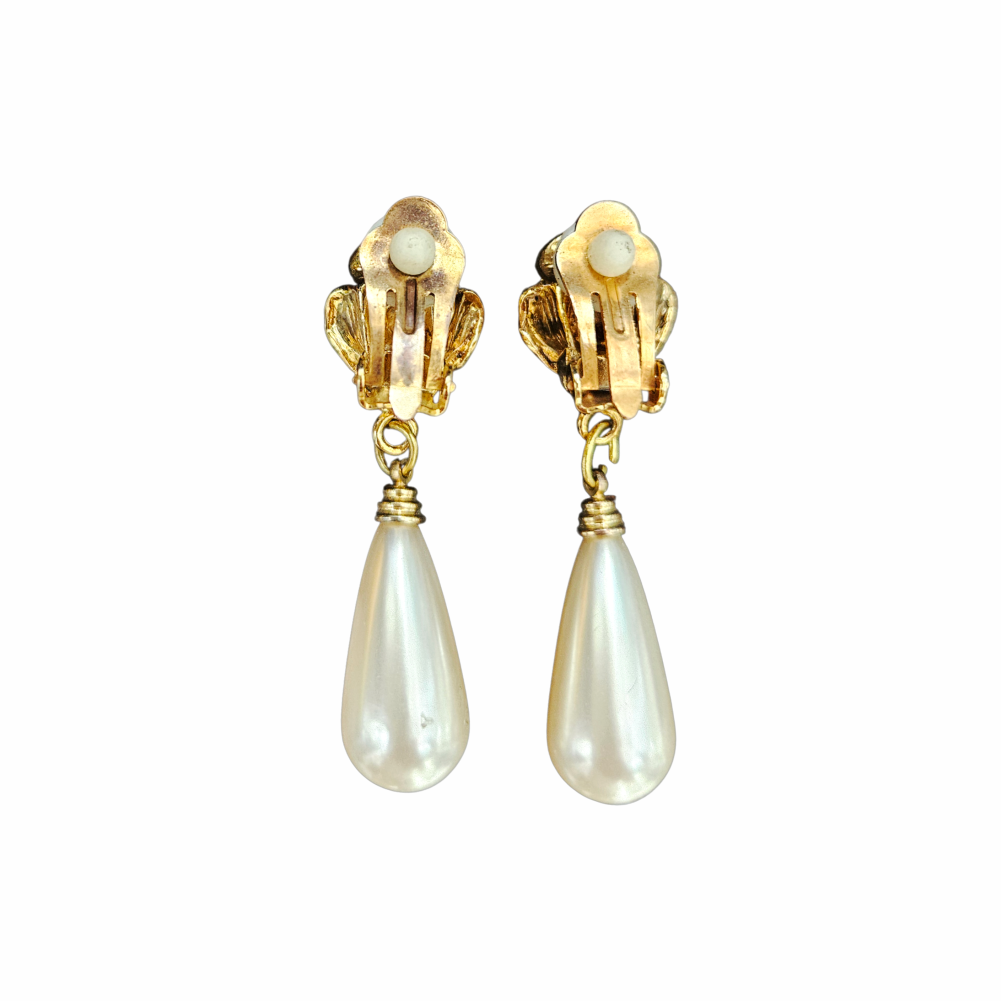 1980s Gold-Tone Rose and Faux Pearl Teardrop Clip-On Earrings