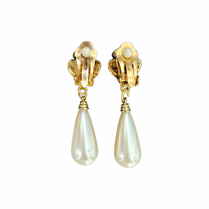 1980s Gold-Tone Rose and Faux Pearl Teardrop Clip-On Earrings