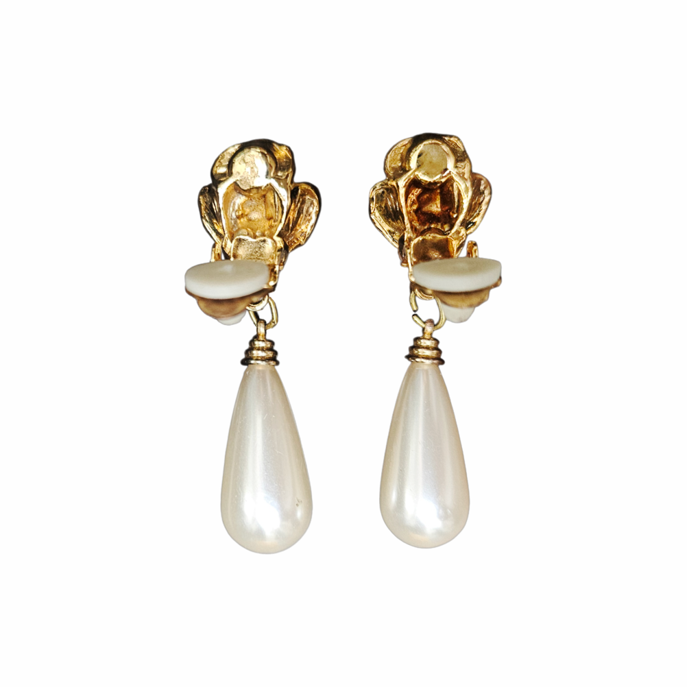 1980s Gold-Tone Rose and Faux Pearl Teardrop Clip-On Earrings