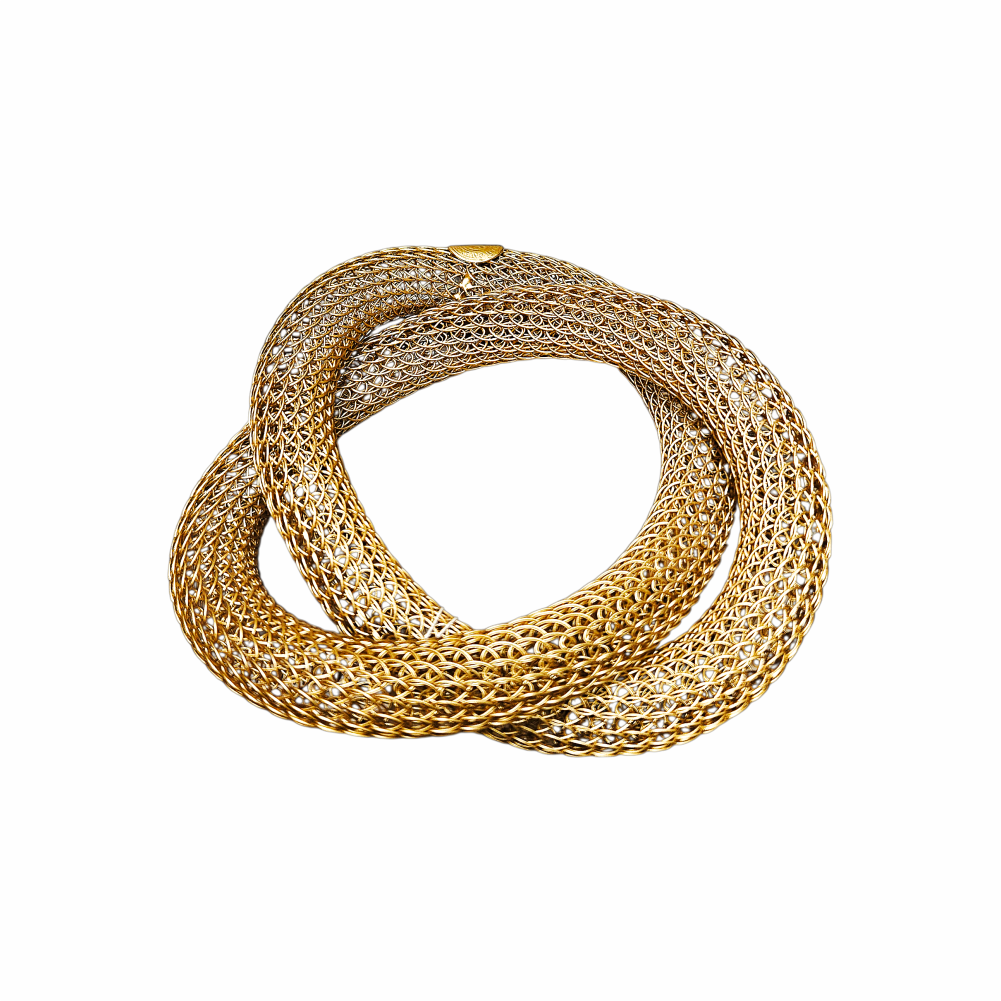 Sarah Cavender sculptural gold metallic mesh bracelet showing intertwined tubular construction