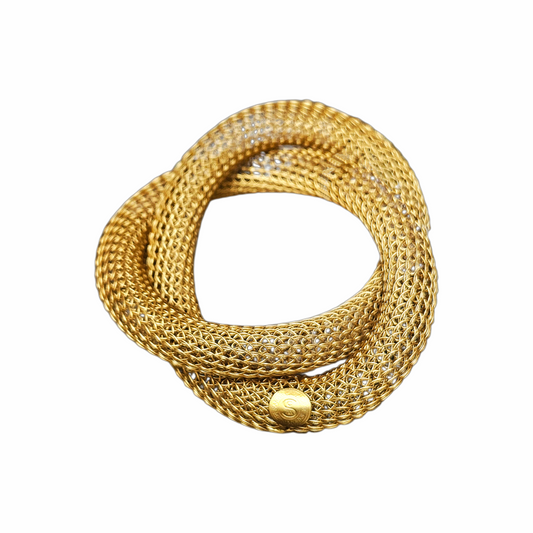 Sarah Cavender Metalworks gold-tone woven mesh knot bracelet on white background