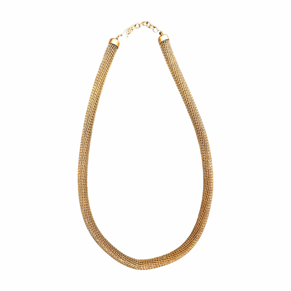 Sarah Cavender Metalworks gold-tone woven brass mesh necklace with adjustable chain, circa 1990s–2000s.