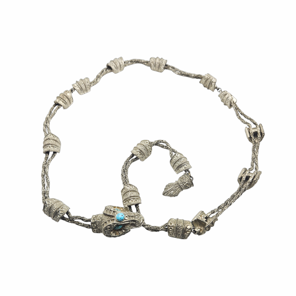 Vintage Asian-Style Silver-Tone Woven Belt with Turquoise-Coloured Dragon Clasp - Re:Velvet