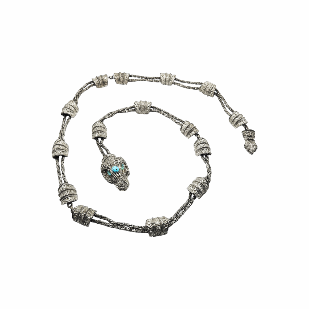 Vintage Asian-Style Silver-Tone Woven Belt with Turquoise-Coloured Dragon Clasp - Re:Velvet
