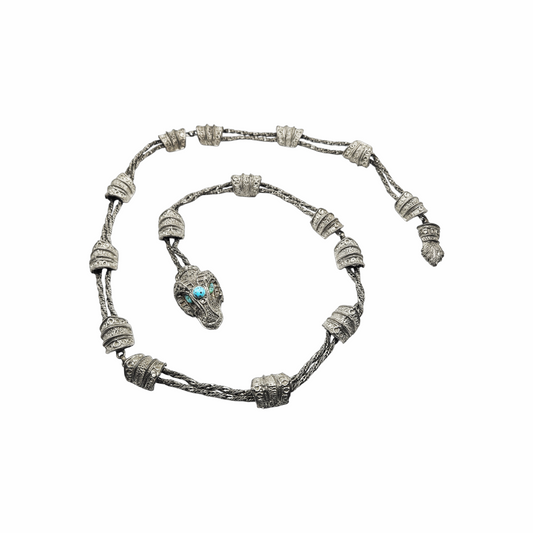 Vintage Asian-Style Silver-Tone Woven Belt with Turquoise-Coloured Dragon Clasp - Re:Velvet