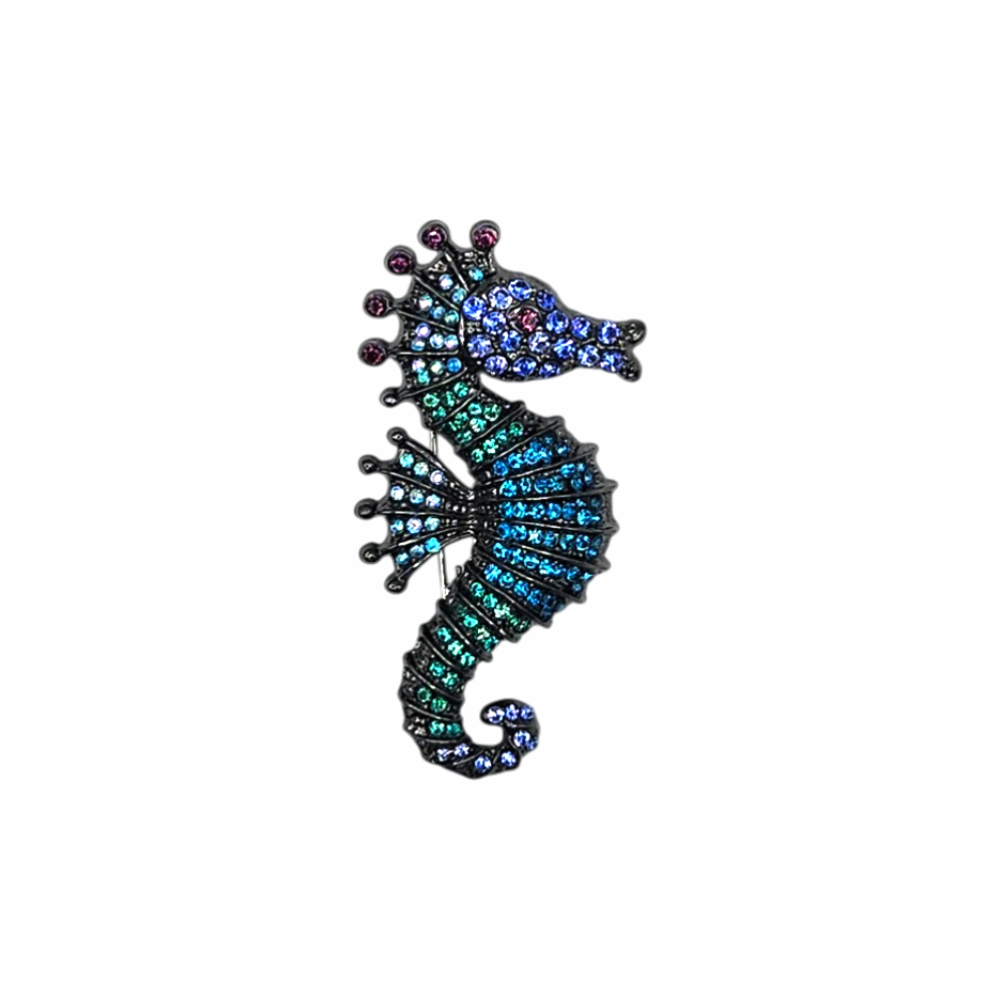 Crystal Seahorse Brooch in Blue and Green Pavé with Iridescent Accents - Re:Velvet