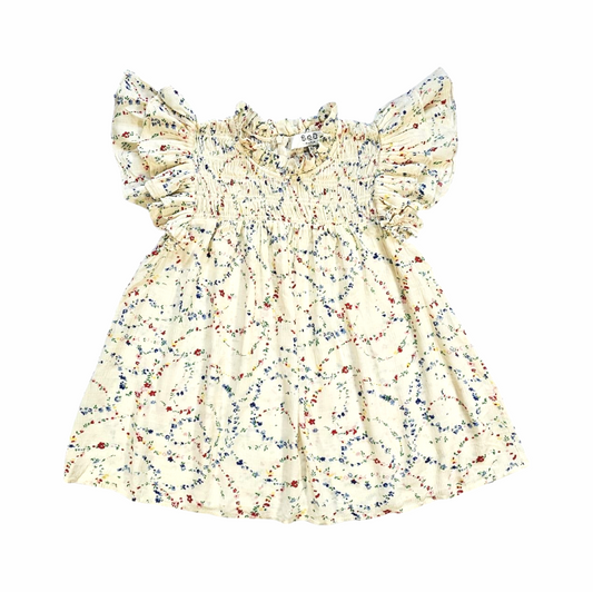 Smocked Floral Ruffle Blouse in Crinkled Cotton Voile - Sea New York