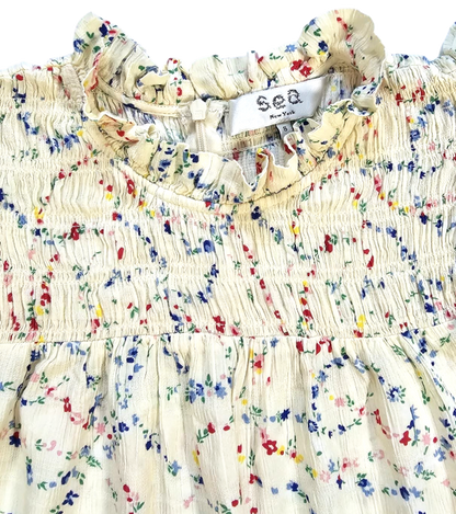 Smocked Floral Ruffle Blouse in Crinkled Cotton Voile - Sea New York