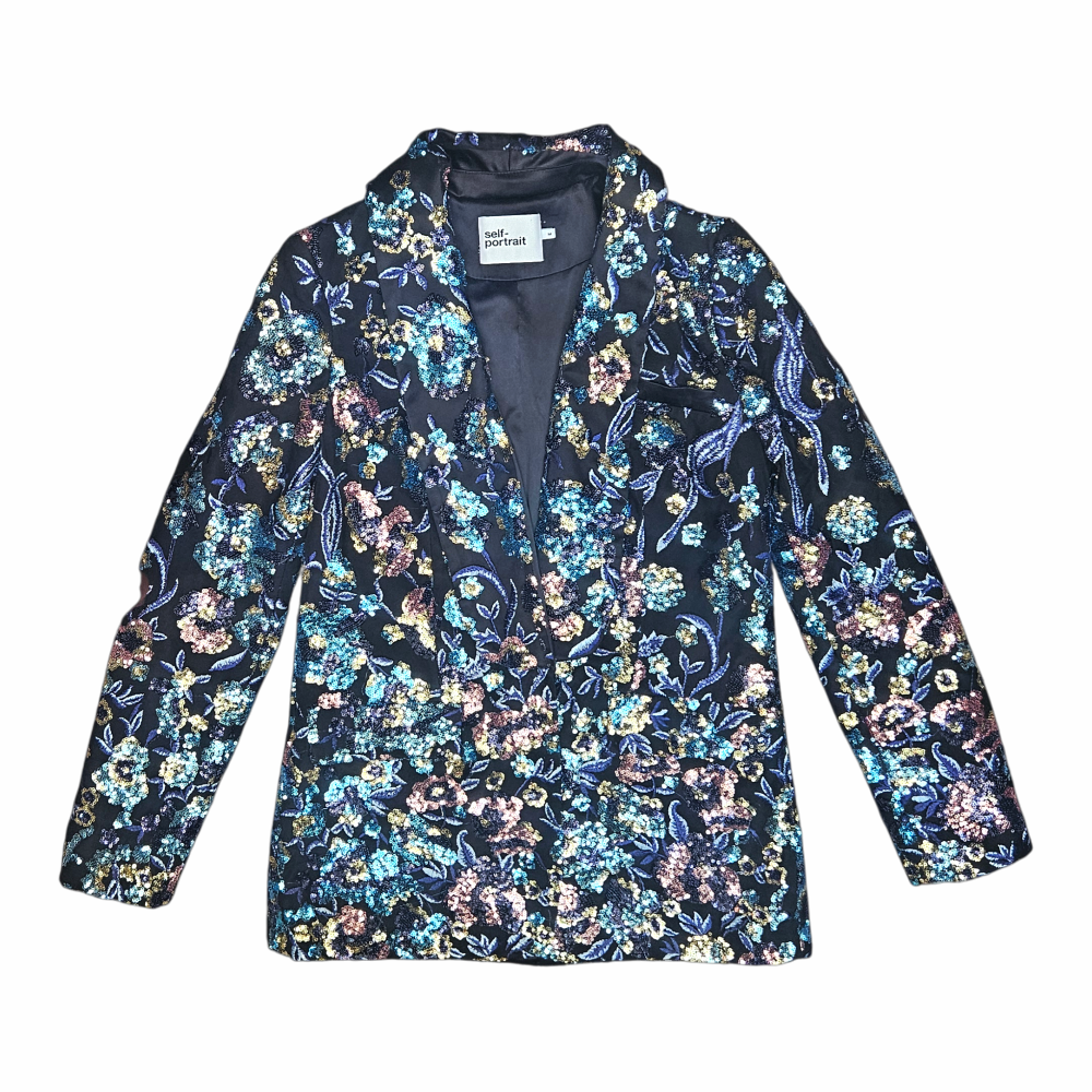 Shop this Self-Portrait black floral embroidered sequin blazer in size M, fully lined and richly embellished in multicoloured botanical motifs.