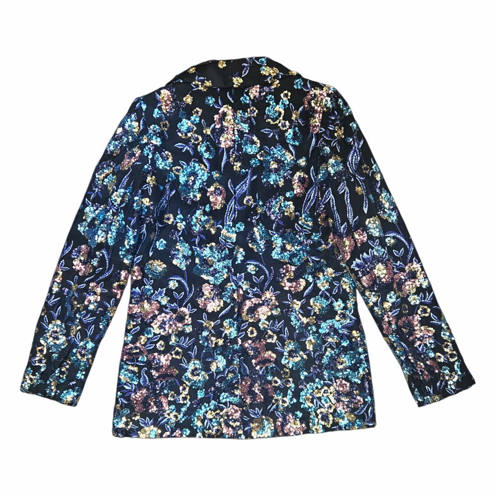 Shop this Self-Portrait black floral embroidered sequin blazer in size M, fully lined and richly embellished in multicoloured botanical motifs.