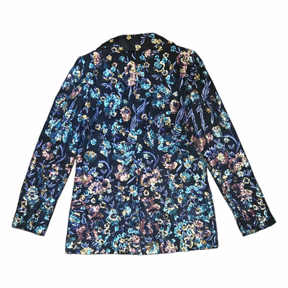 Shop this Self-Portrait black floral embroidered sequin blazer in size M, fully lined and richly embellished in multicoloured botanical motifs.