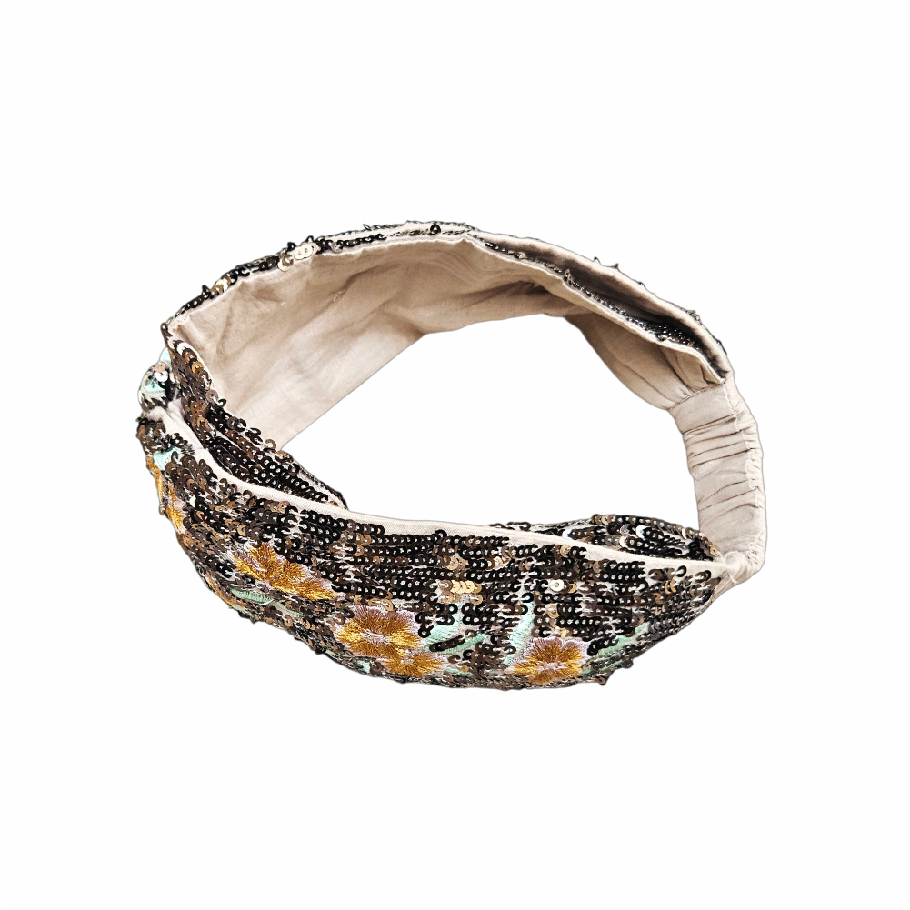 Floral embroidered and sequin turban headband with twisted front and elasticated back, ideal for evening, party and festival styling.