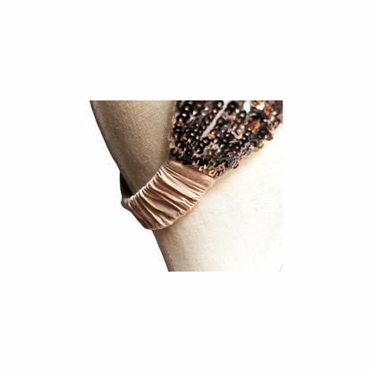 Floral embroidered and sequin turban headband with twisted front and elasticated back, ideal for evening, party and festival styling.