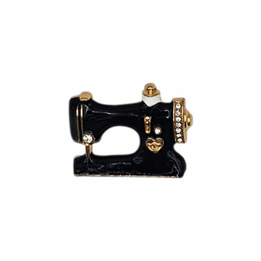 Vintage-Style Enamel Sewing Machine Brooch with Crystal Accents