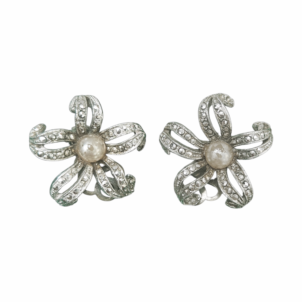 Faux Pearl Flower Clip-On Earrings