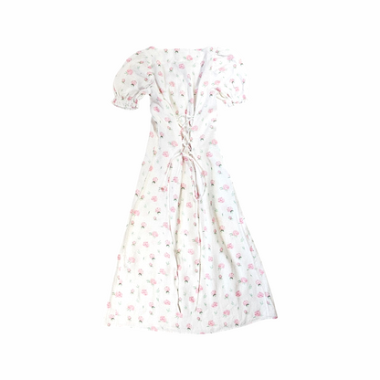 Linen Floral Midi Dress with Corset Lace Detail - Sleeper