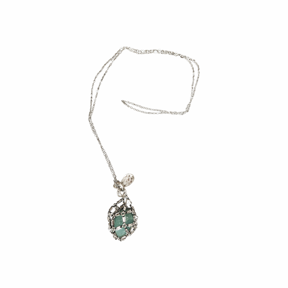 Long Silver-Tone Crystal Holder Cage Pendant Necklace with Aquamarine