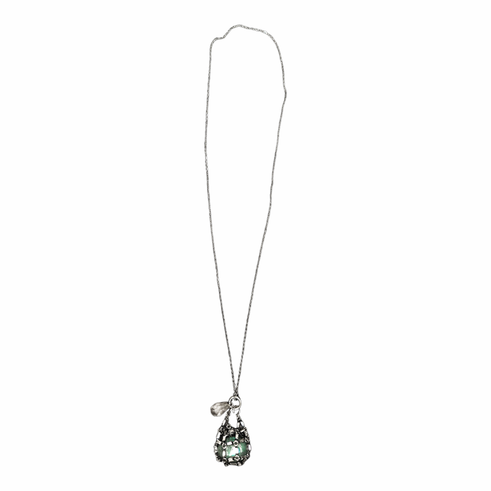 Long Silver-Tone Crystal Holder Cage Pendant Necklace with Aquamarine