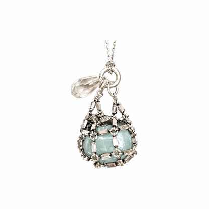 Long Silver-Tone Crystal Holder Cage Pendant Necklace with Aquamarine