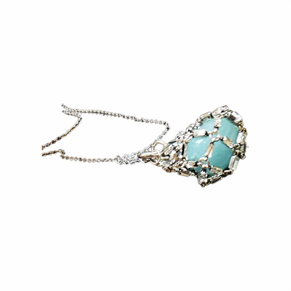 Long silver-tone aquamarine-colour crystal cage pendant necklace with clear faceted teardrop charm.