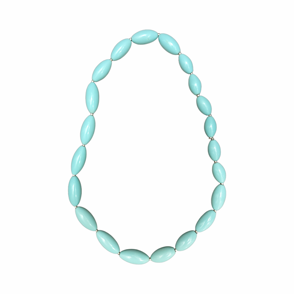 1970s Vintage Long Pale Blue Oval Bead Necklace