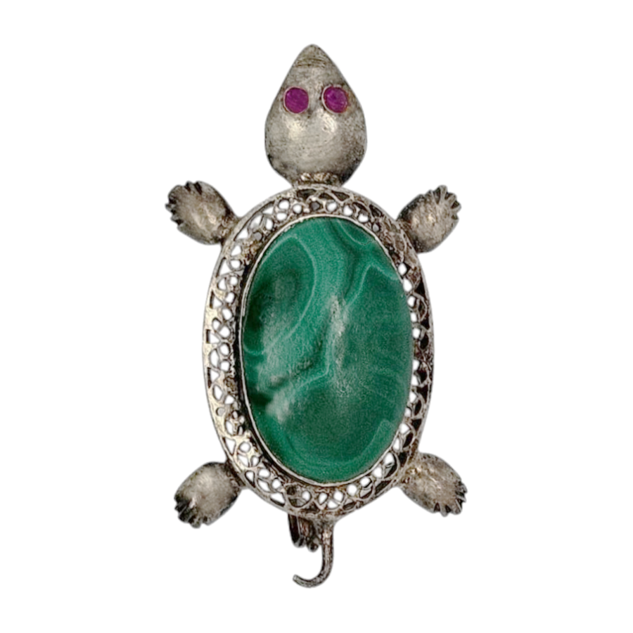 Vintage 1960s Silver Turtle Brooch with Malachite and Amethyst Gems