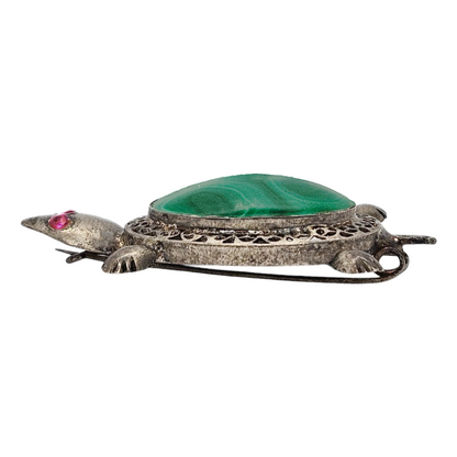 Vintage 1960s Silver Turtle Brooch with Malachite and Amethyst Gems