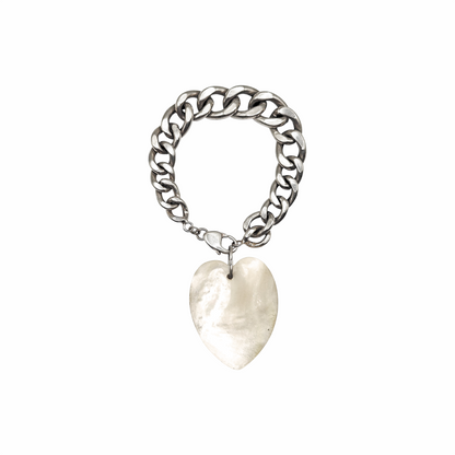 Vintage Sterling Silver Curb Chain Bracelet with Mother-of-Pearl Heart Charm - Re:Velvet
