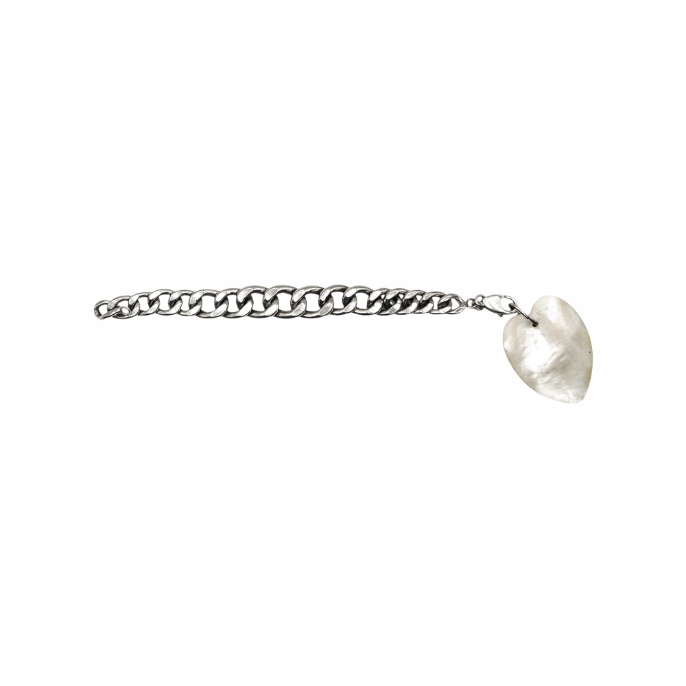 Vintage Sterling Silver Curb Chain Bracelet with Mother-of-Pearl Heart Charm - Re:Velvet