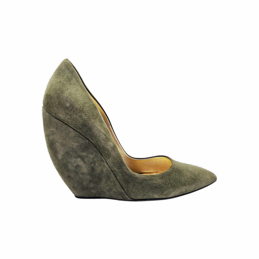 Vintage Walter Steiger Paris olive green suede sculptural wedge pump side view