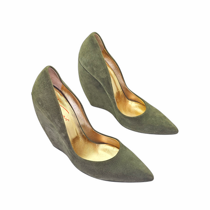 Pair of Walter Steiger Paris olive suede pointed-toe wedge shoes