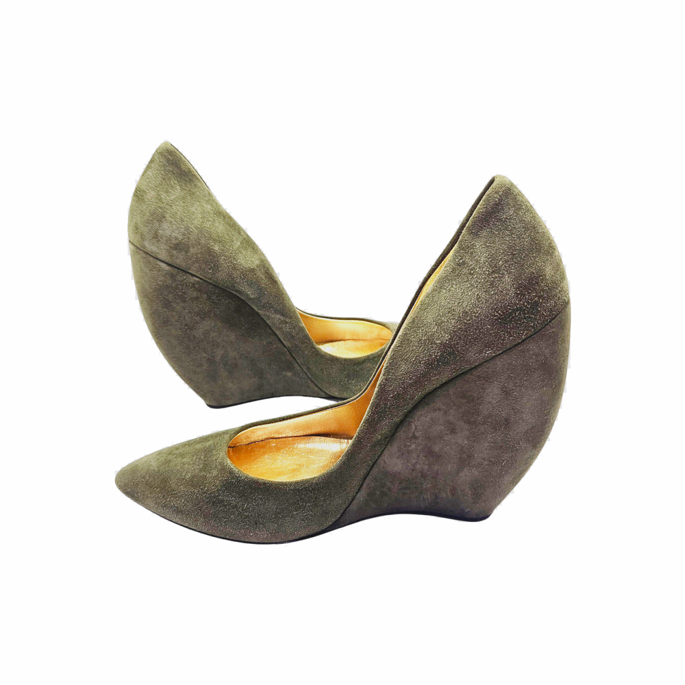 Sculptural olive suede Walter Steiger wedge pumps viewed from rear side