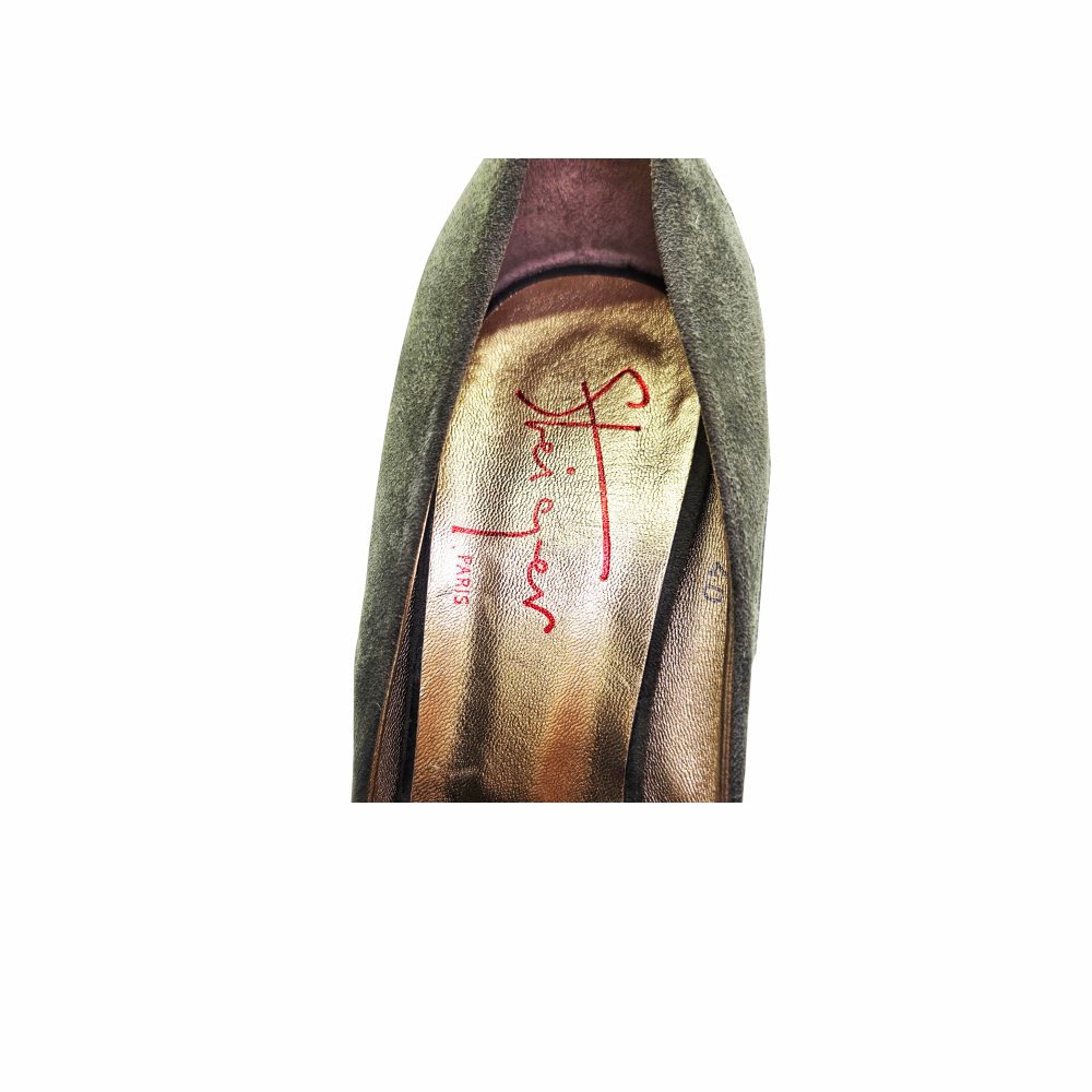 Steiger Paris signature gold leather insole on vintage designer wedge shoe