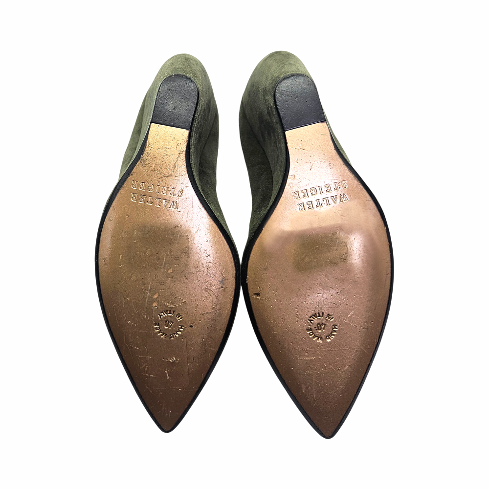 Walter Steiger stamped leather soles on olive suede vintage wedge pumps