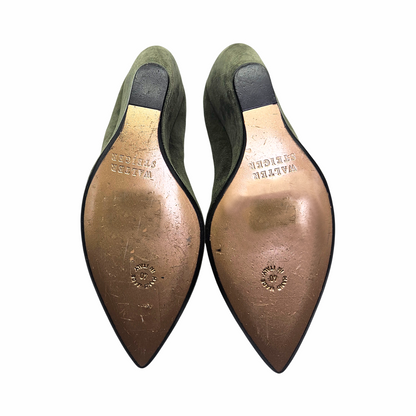 Walter Steiger stamped leather soles on olive suede vintage wedge pumps