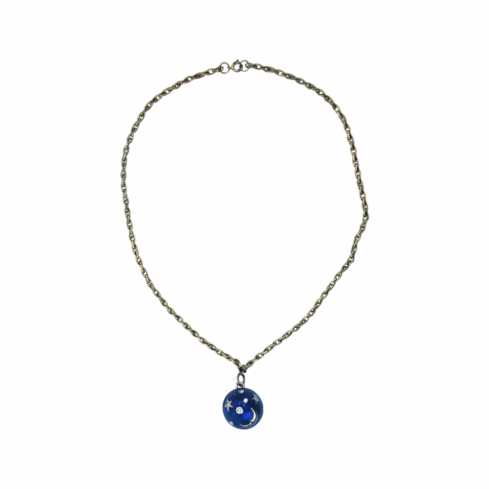 Re:Velvet upstyled vintage Cabouchon Astrology Collection necklace with cobalt-blue enamel celestial pendant and gold-tone chain.