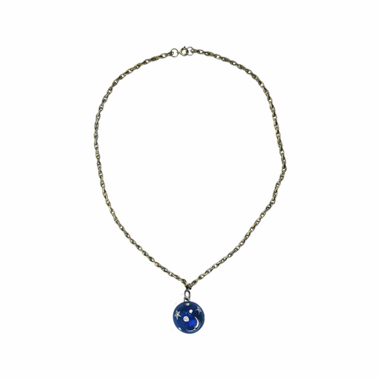 Re:Velvet upstyled vintage Cabouchon Astrology Collection necklace with cobalt-blue enamel celestial pendant and gold-tone chain.